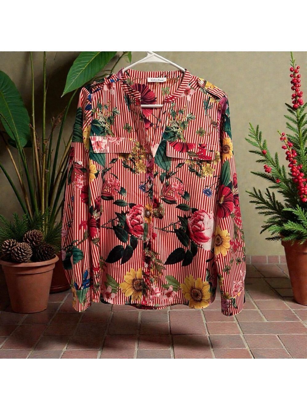 Calvin Klein Floral Blouse Womens Small Tropical Christmas Red & White Stripes